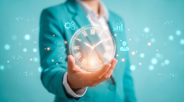 Business person holding a glowing digital clock face, representing time management, productivity, efficiency, and strategic planning in a corporate setting