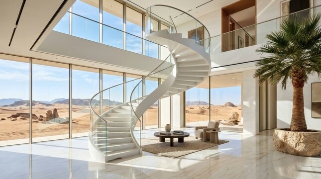 Modern Luxury Interior Spiral Staircase Desert Sand Dunes View