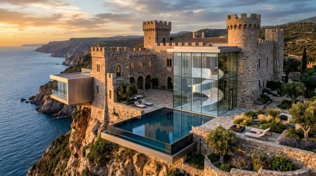 Modern Minimalist Glass House Historic Castle Cliff Ocean View