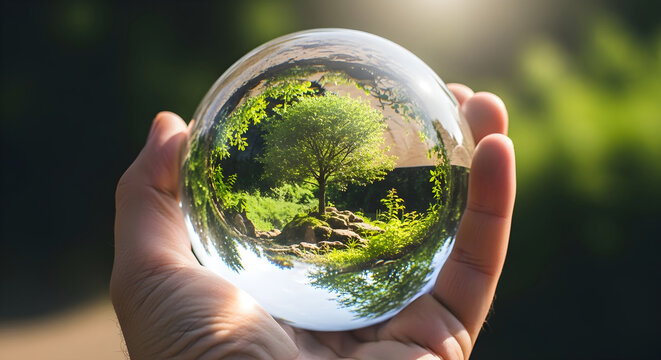 Hand holding a glass sphere reflecting a tree in nature representing ecological conservation and environmental sustainability awareness