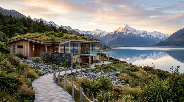 Modern Cabin Green Roof Mountain Lake Landscape New Zealand