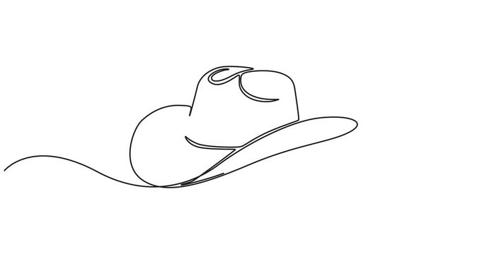 Self drawing line animation Cowboy Hat continuous one single line drawn concept video, Animated self drawing of continuous line draw cowboy on horse galloping across dusty field. Cowboy on bucking, 4k