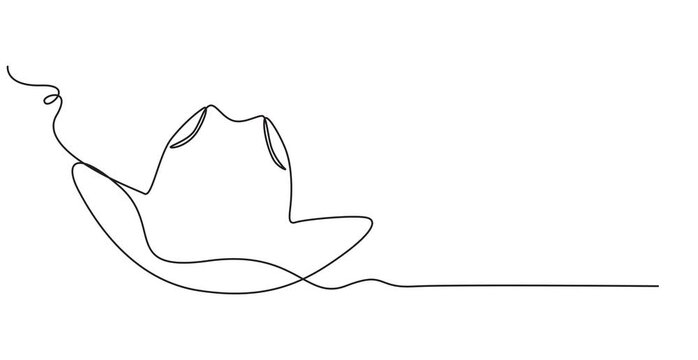Self drawing line animation Cowboy Hat continuous one single line drawn concept video, Animated self drawing of continuous line draw cowboy on horse galloping across dusty field. Cowboy on bucking, 4k