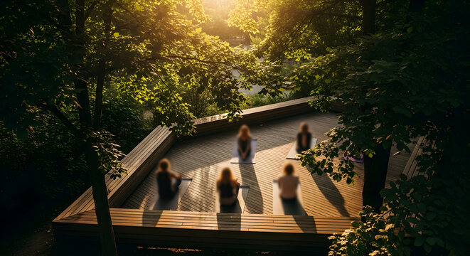 Group of People Practicing Yoga on a Wooden Terrace During a Beautiful Golden Hour Sunset in the Lush Green Forest