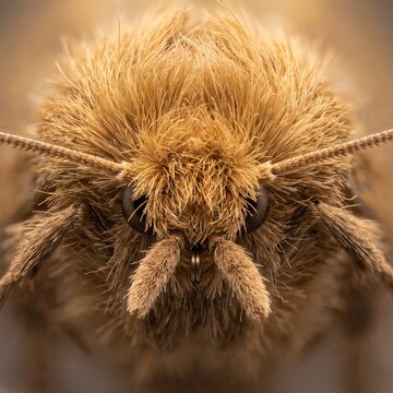 Extreme macro frontal portrait of a fuzzy clothes moth face