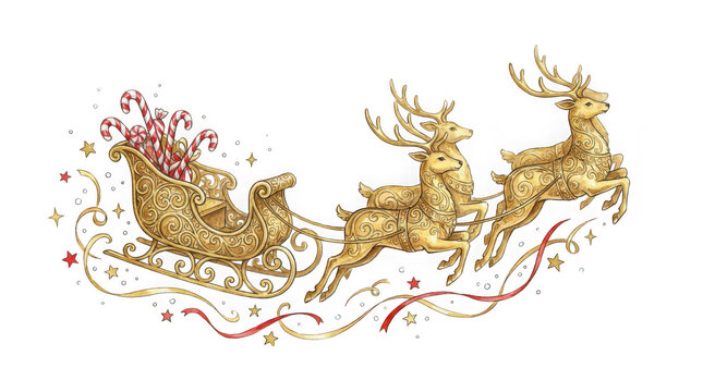 Golden christmas sleigh with three reindeer pulling it and candy canes inside, illustration isolated on transparent background