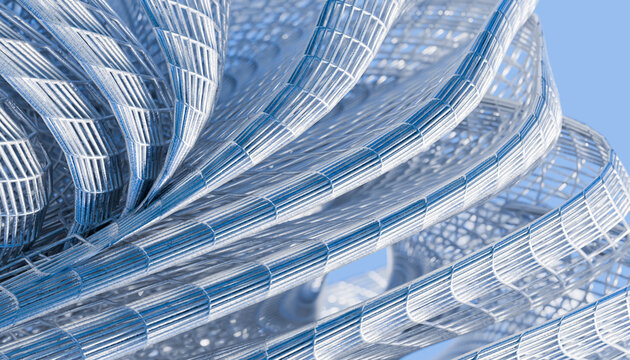 Abstract blue wireframe structure flows dynamically in 3d rendering