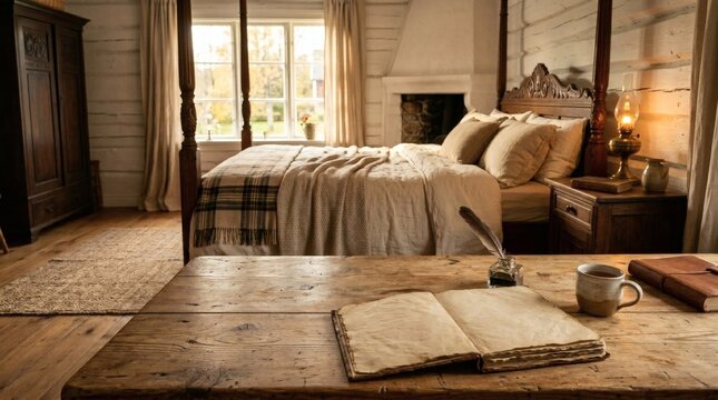 Rustic Log Cabin Bedroom Interior Wooden Table Foreground Design