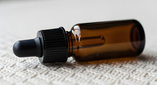 Small Amber Glass Dropper Bottle for Essential Oils and Organic Liquid Skincare Extracts Resting on a Soft Textured White Fabric Surface
