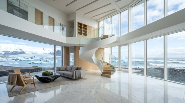 Modern Luxury Living Room Window View Iceberg Ocean Landscape