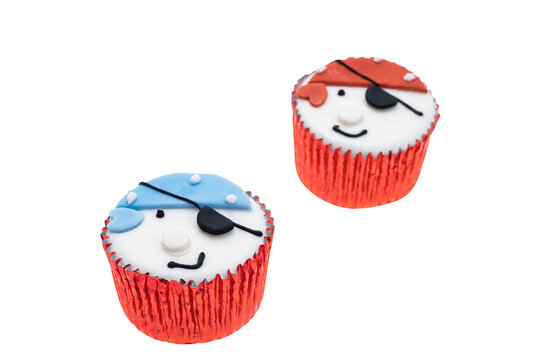 Pair of Pirate Decorated Cupcakes with Red and Blue Bandanas