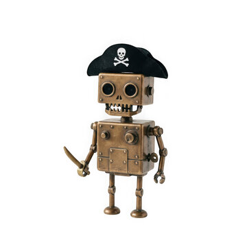 Vintage brass robot toy wearing a pirate hat and holding a sword, isolated on transparent background