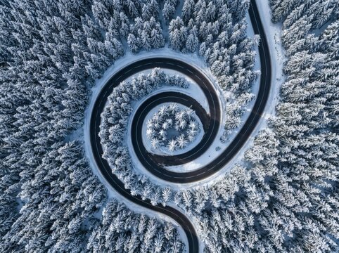 Winding Forest Road Winter Snow Snowy Pine Tree Aerial Landscape