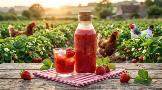 Strawberry Juice Glass Wooden Table Chicken Farm Landscape Nature