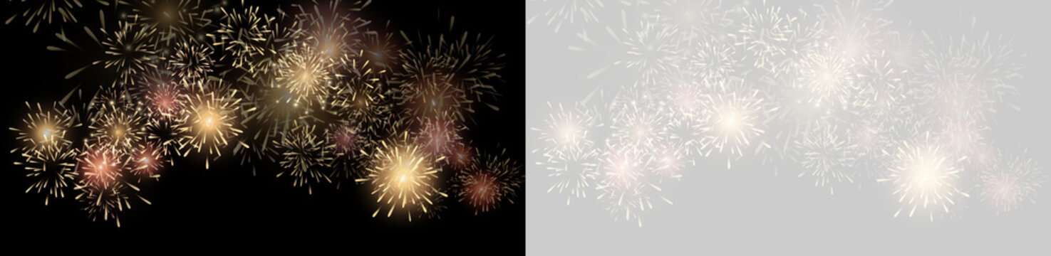 Vector realistic lights, flares. Magic fireworks in the night sky, Christmas background for holiday design, poster, postcard on a transparent background, png. Holiday lights.	
