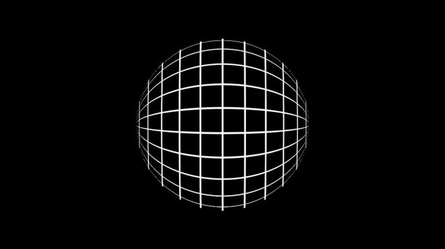 Rotating white grid sphere wireframe animation loop on black background. Minimalist HUD tech element for digital, science, and futuristic UI.
