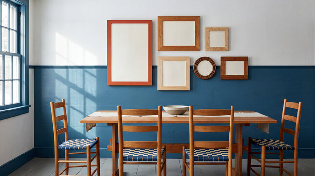 Wood dining table with blue and white walls and empty picture frames for interior design mockup and home decor visualization