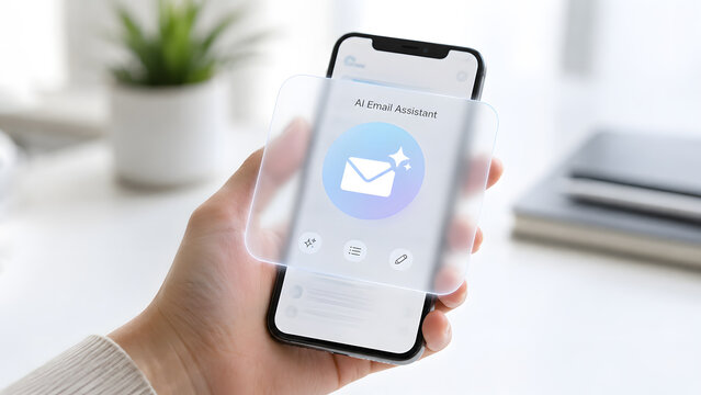 Hand holding smartphone with AI email assistant interface, representing artificial intelligence, smart email management, mobile communication, email automation, and digital productivity technology