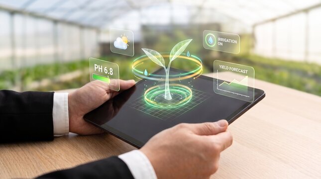 smart agriculture and precision farming concept showing digital seedling hologram on tablet with soil ph monitoring, automated irrigation, weather data, and yield forecast. sustainable crop management