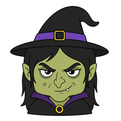 Cute evil witch face with a black pointed hat, green skin, and a mischievous smile.