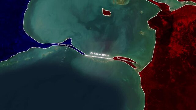 Animated infographic map detailing the geographic distance between India and Sri Lanka across the Palk Strait