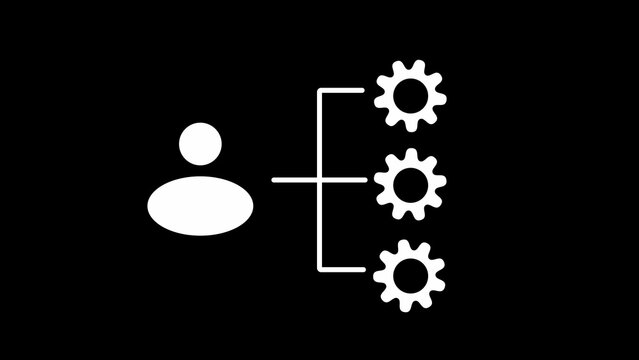 White of a human figure connected to three gear symbols on a solid black background, minimalist
