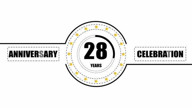 28th anniversary celebration with circular border, yellow stars, and dashed line on a white background