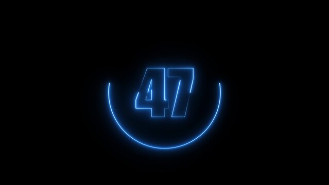 Glowing blue neon number 47 inside a circular frame isolated on a solid black background