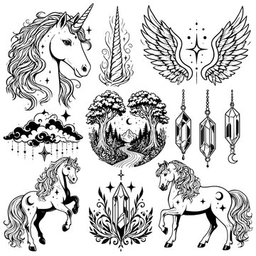 vector, illustration, Unicorn, Fantasy, Vector, Set, horse, animal, stallion