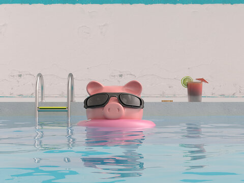 Piggy bank with sunglasses floating in pool with cocktail on poolside