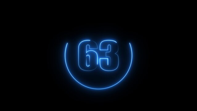 Glowing neon blue number 63 inside a circular frame on a solid black background, digital light signage