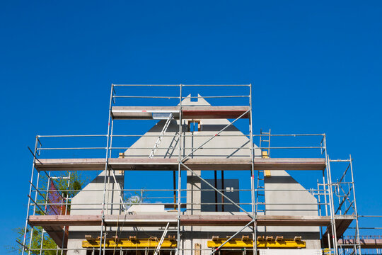 A new house features scaffolding during construction in Germany