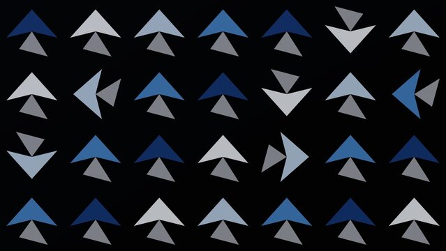 Geometric triangle pattern on black background, blue and grey abstract shapes, minimalist graphic design for modern wallpaper