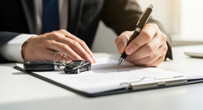 Person signing car insurance contract with keys and toy car on desk