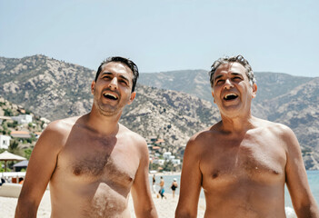 Fototapeta premium Two happy shirtless men laughing on a sunny beach with Mountains and ocean in the background, Mountains and the ocean are visible in the background, a vacation or holiday setting