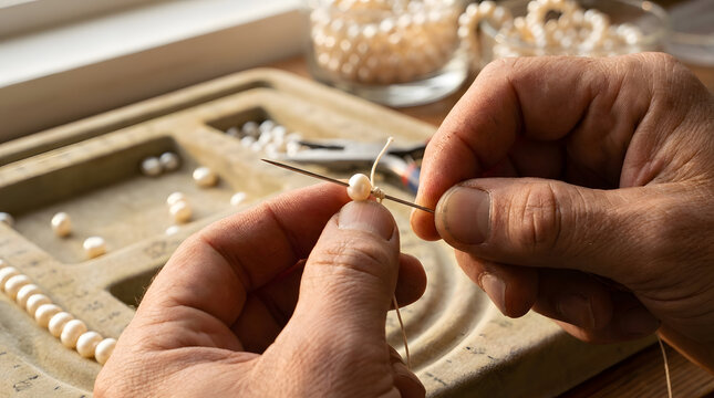 Close-up of artisan hands meticulously stringing genuine white pearls onto a thread using a needle in a jewelry workshop; professional handicraft process for creating handmade pearl necklaces.