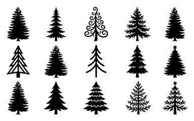 Obraz premium Collection of various black pine and fir tree silhouettes for christmas and winter season design projects