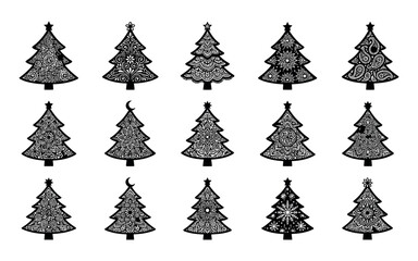 Obraz premium Set of fifteen decorative christmas tree silhouettes with intricate mandala and floral patterns for holiday design projects