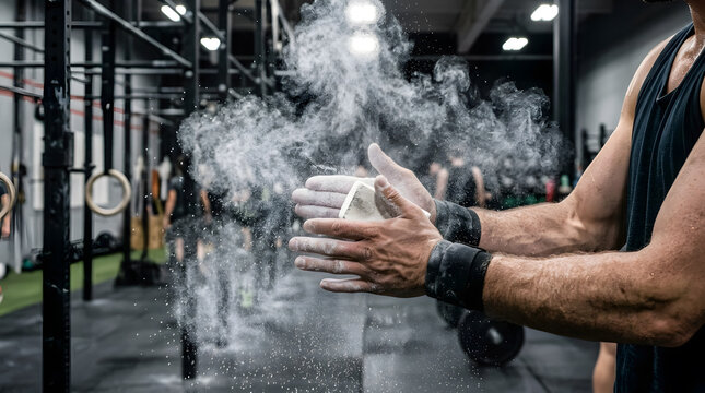 Close-up of Athlete Hands Clapping Gym Chalk Creating a White Dust Cloud in a CrossFit Box Gym Setting; Dynamic Shot of Weightlifter Preparing for Strength Training Session with Grit and Focus.