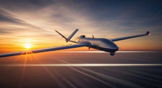 Unmanned aerial vehicle flying over clouds at sunset with dramatic lighting