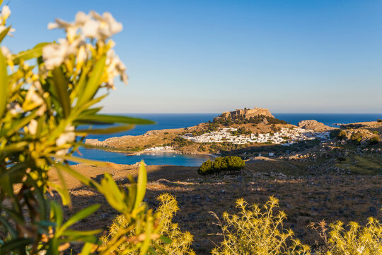 Greece, Aegean Islands, Rhodes, Lindos, View to Acropolis of Lindos