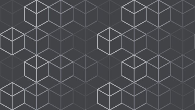 Geometric cube pattern background, dark grey isometric wireframe texture, abstract 3D block grid for corporate tech design