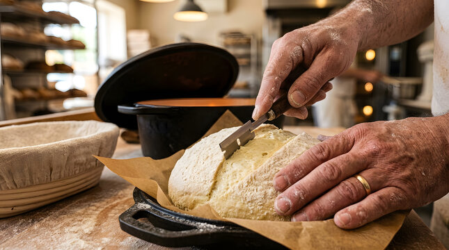 Artisan baker scoring raw sourdough bread dough with a lame blade in a cast iron dutch oven inside a rustic bakery kitchen, warm natural lighting, culinary commercial stock photography closeup