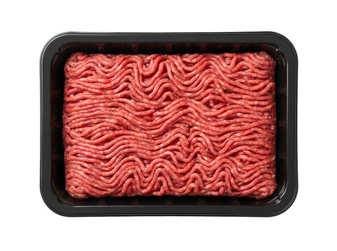 Raw ground beef in a black plastic tray isolated on transparent background