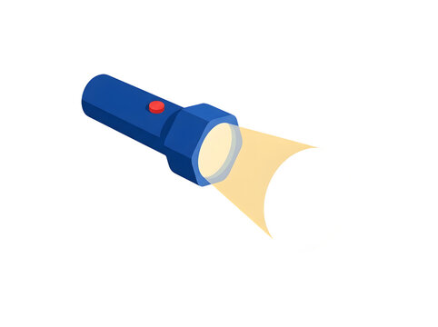 Isometric blue flashlight with a bright yellow beam of light isolated on transparent background