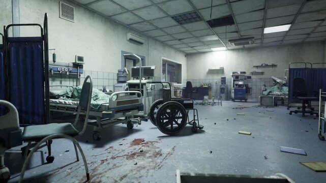 bloodstained empty hospital ward with overturned wheelchair and scattered medical supplies, dim flickering fluorescents casting cold shadows, pool of blood