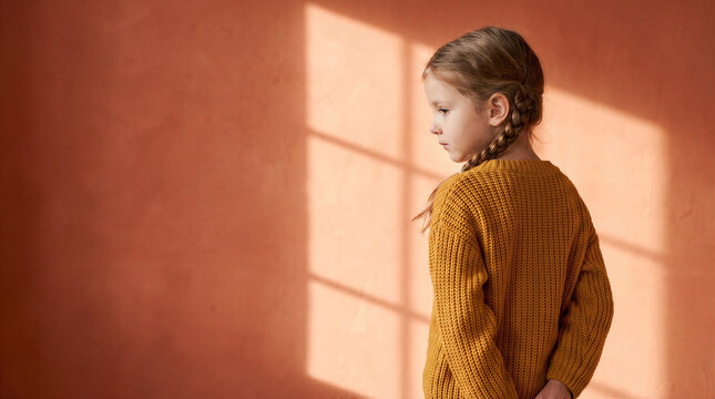 Young girl turning away in silence by orange wall with sunlight  