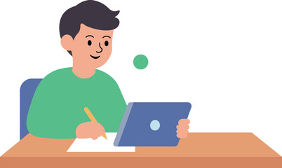 boy studying with tablet desk clipart vector shape