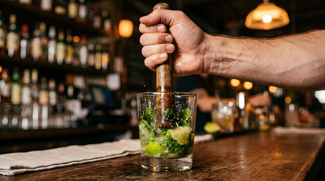 Close-up of professional bartender hand using wooden muddler to crush fresh mint and lime in a glass for a mojito cocktail at a cozy dim bar with blurred liquor bottles in background.