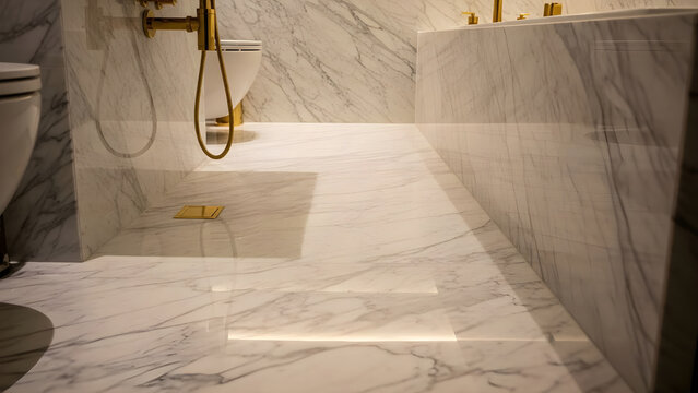Luxury White Marble Bathroom Interior Featuring Elegant Gold Fixtures and Modern Minimalist Design Details